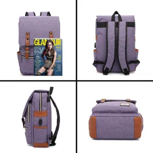 Purple canvas backpack with USB port shown from four different angles.