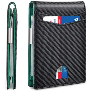 Close-up of carbon fiber slim wallet showing the side profile and multiple card slots.