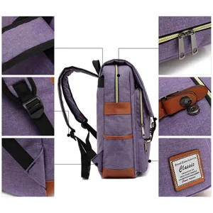 Detailed views of vintage purple canvas backpack showing zippers, straps, and buckle