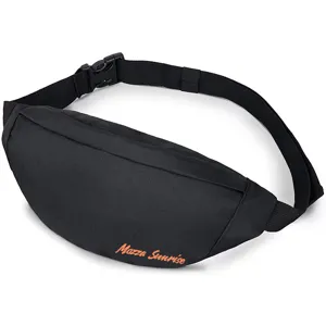 Close-up view of the durable black nylon fanny pack featuring a Mazza Sunrise logo