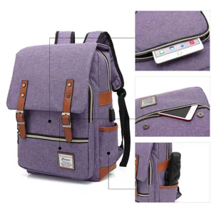 Purple canvas vintage laptop backpack with USB charging port and multiple storage pockets