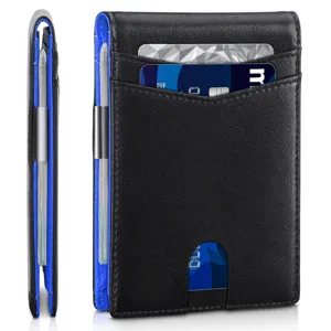 Detailed view of men's slim microfiber leather wallet with blue interior contrast