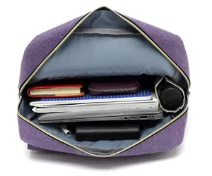 Interior view of purple canvas laptop backpack showing its large storage capacity