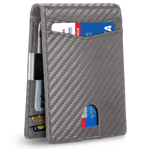 Close-up detail of carbon fiber texture slim wallet with money clip and card slots