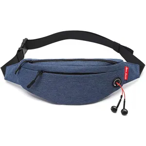 Durable blue travel waist bag with a headphone jack, adjustable strap and zip pockets