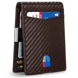 Brown microfiber leather wallet with carbon fiber texture showing card slots and money clip