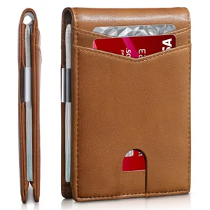 Detail view of slim brown leather RFID wallet with metal money clip and card slots