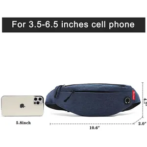 Ultra-light blue travel fanny pack with dimensions for 3.5-6.5 inch cell phones.