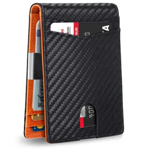 Slim carbon fiber credit card holder wallet with orange leather interior and metal money clip