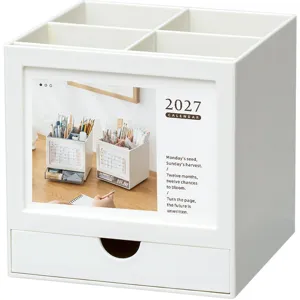 Professional white 2027 calendar desk organizer with multi-slot pen holder and drawer
