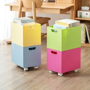 Stackable mobile plastic storage bins with wheels for classroom and desk organization
