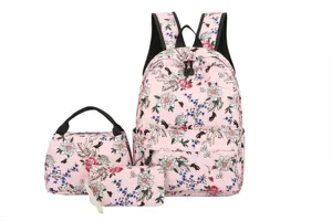 Vue détaillée de l'ensemble de sac à dos floral rose à trois pièces avec sac et trousse.