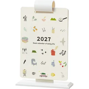 Calendrier de bureau 2027 minimaliste avec illustrations mignonnes et support blanc pur