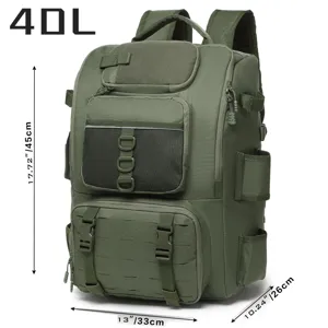 Close-up of 40L tactical fishing backpack with height, width, and depth labels