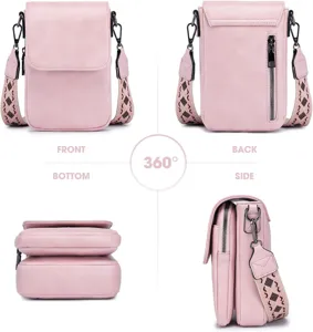 Bolso bandolera rosa de cuero PU para móvil visto desde varios ángulos y correa