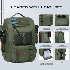Multi-functional tactical fishing backpack featuring specialized storage pockets.