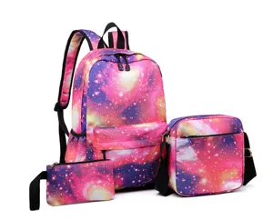 Juego de 3 mochilas de lona con vibrante estampado de galaxia rosa para escuela y viajes