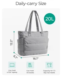 Detailed size guide for grey large capacity tote bag showing 20L volume and laptop fit