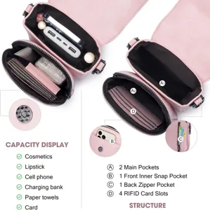 Vista detallada del bolso rosa con bolsillos internos y almacenamiento multifuncional