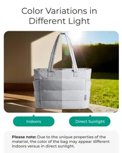 Close-up of the grey quilted tote bag showing color changes under different lighting