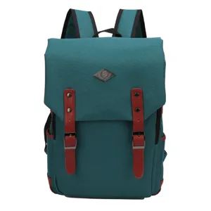 Mochila vintage de lona verde azulado con correas de cuero marrón para el colegio