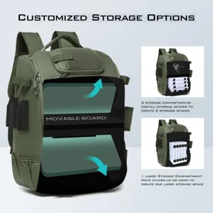 Tactical green fishing tackle backpack showing adjustable storage compartment options.