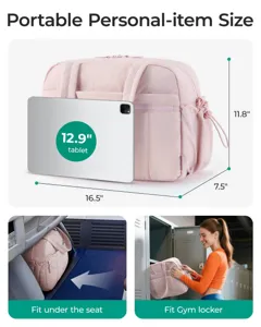 Bolsa de viaje rosa de gran capacidad con dimensiones para gimnasio y debajo del asiento.