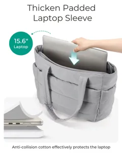 Detail view showing thick padded laptop sleeve protection in grey quilted tote bag