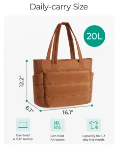 20L large capacity quilted tote bag with detailed dimensions and storage features