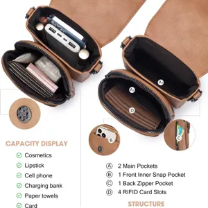 Bolso bandolera multifuncional de cuero PU para mujer con ranuras RFID