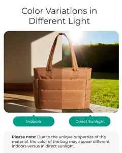 Detailed view of caramel puffer tote bag showing color change in indoor and outdoor light