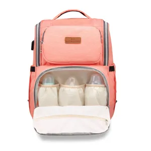 Mochila de pañales multifuncional rosa coral de gran capacidad para viaje