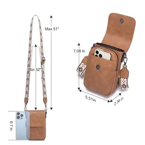Bolso bandolera de cuero PU para móvil con correa ajustable y tabla de dimensiones