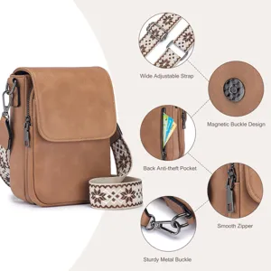 Bolso bandolera de cuero PU marrón para mujer con correa ancha ajustable estampada