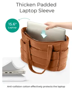 Detail of brown puffer tote bag featuring a 15.6 inch thickened padded laptop sleeve.