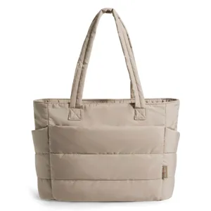 Large capacity quilted beige tote bag for women with side pockets and sturdy handles