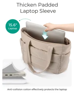 Detailed view of the padded laptop sleeve in the puffer tote bag for 15.6-inch devices.