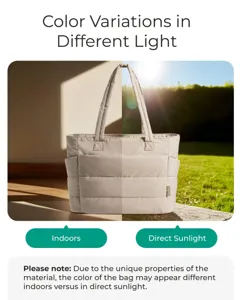 Beige quilted tote bag color comparison in indoor light and direct outdoor sunlight.