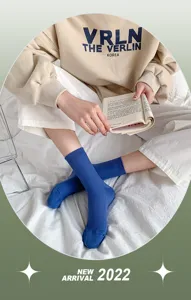 Solid color mid-tube socks for women, cotton candy color long socks, trendy stacking socks.