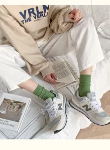 Green cotton mid-tube socks Japanese style solid color ribbed casual socks for women daily wear