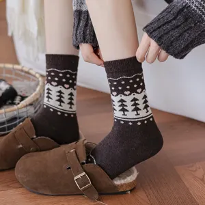 Detailed view of cozy Fair Isle wool socks with tree pattern worn with clogs.