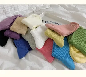 Women solid color mid tube socks cotton candy colors casual ribbed long socks daily wear