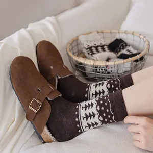 Close-up detail of vintage Fair Isle wool socks paired with warm fur-lined suede clogs for winter
