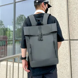 Men Business Casual Backpack Large Capacity Water Resistant Oxford Fabric Roll Top Laptop Bag For Travel Work College Grey Black