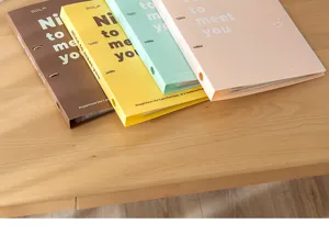 Close-up view of four pastel A4 file folders with 'Nice to meet you' text on a wooden desk