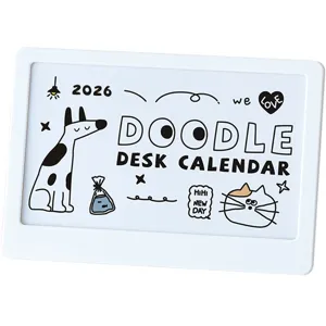 Calendrier de bureau 2026 minimaliste avec illustrations de gribouillages et cadre blanc.