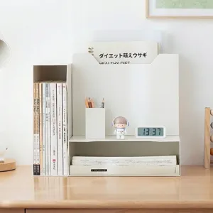 Minimalist white plastic desktop bookshelf and multi-layer file storage organizer box