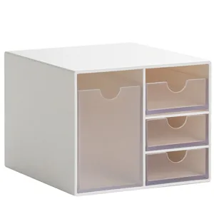 Organizador de escritorio blanco minimalista con cuatro cajones transparentes para oficina
