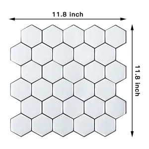 Vista detallada del adhesivo de pared hexagonal blanco con dimensiones de 11.8 pulgadas.