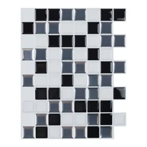 Vista dettagliata dell'adesivo per piastrelle da parete a mosaico nero, bianco e grigio 3D.